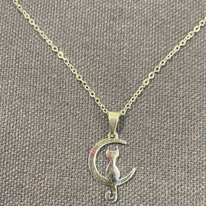 Gold Cat Silhouette Crescent Moon Pendant Necklace - Women Jewelry